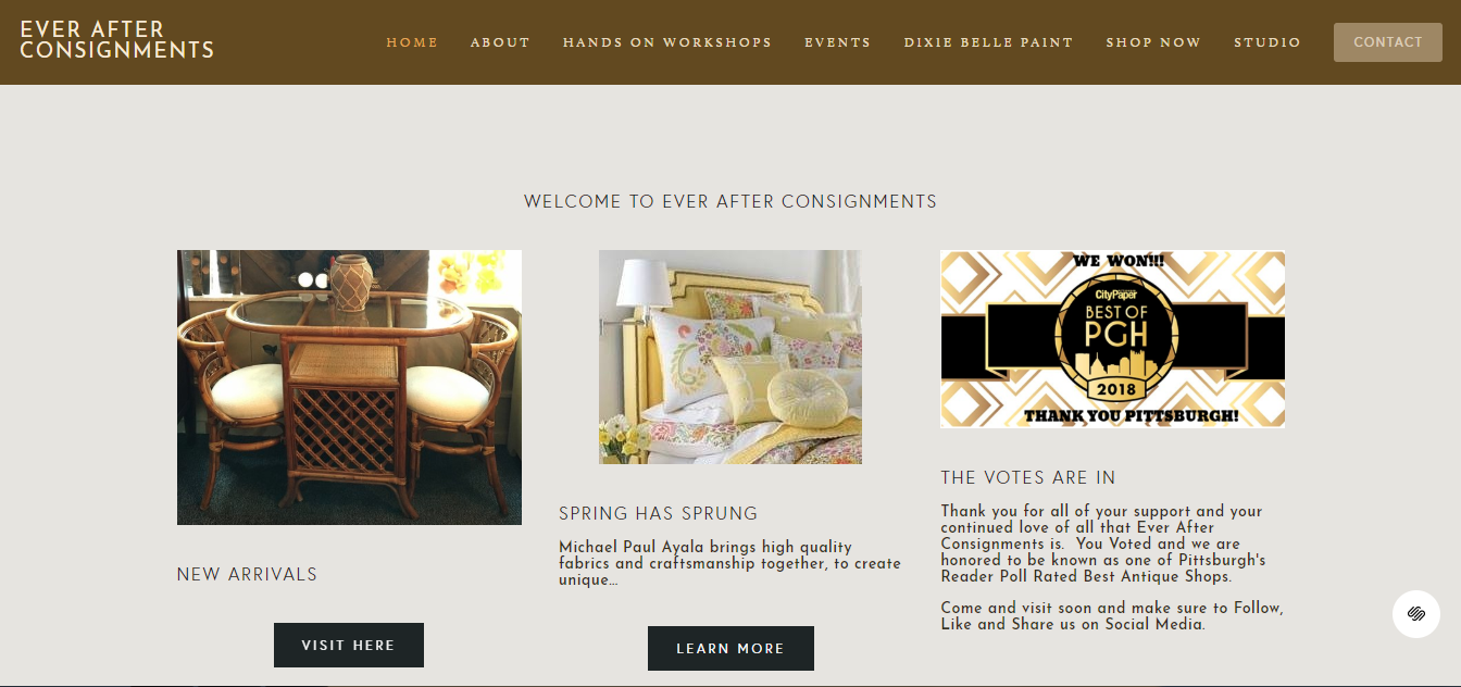 Ever After Consignments website with navigation, product stories, and calls to action