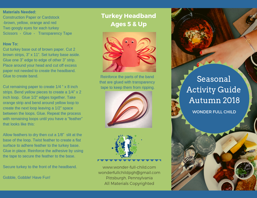Wonder Full Child seasonal activity guide page with turkey headband instructions
