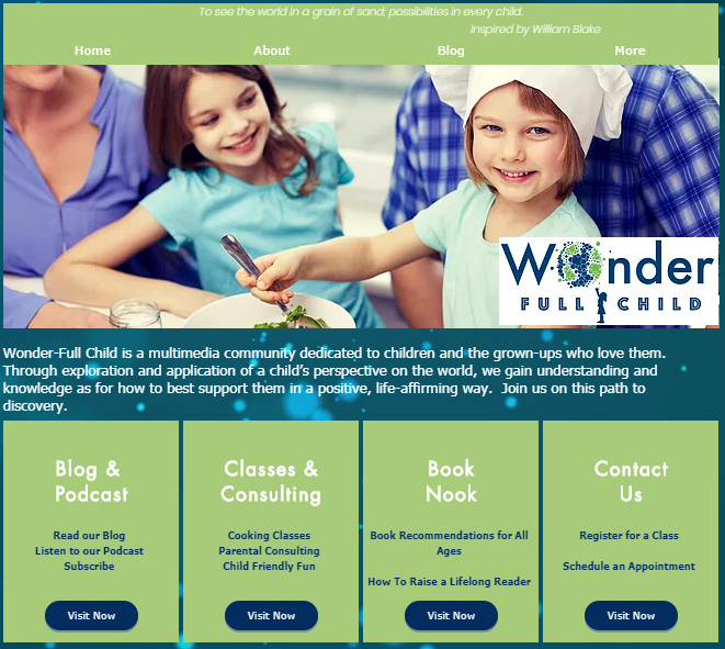 Wonder Full Child homepage with blog and podcast, classes and consulting, book nook, and contact pathways